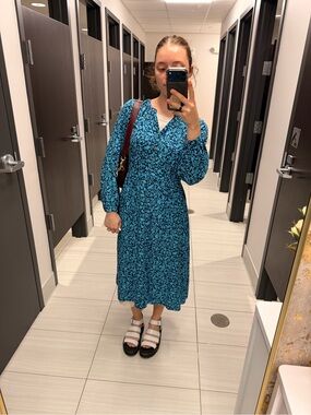 LOFT Blue Floral Long-Sleeve Midi Dress